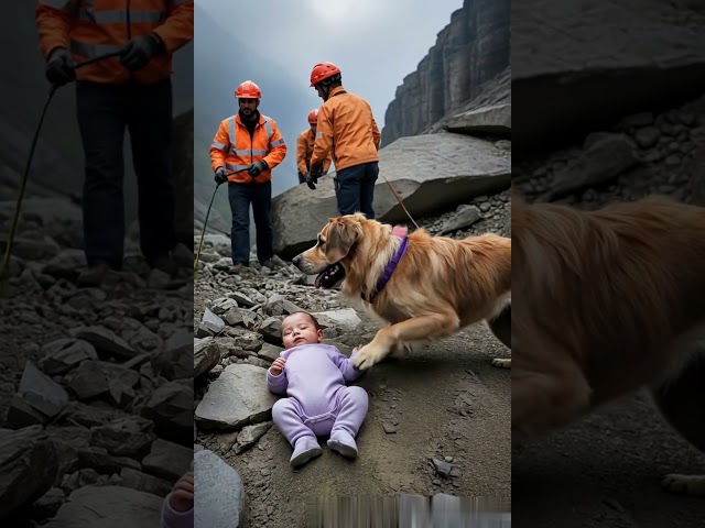 Rescue team and dog saves baby
