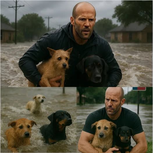 Heartwarming moment: Jason Statham wades through raging [Fl.oo.dwa.ters] in Texas to save homeless Dogs swept away by the [cu.rre.nt]!