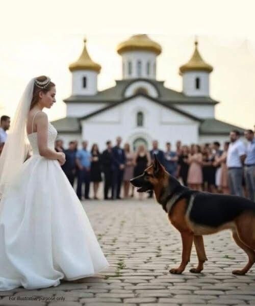 At the wedding, the bride’s dog stood in the way.