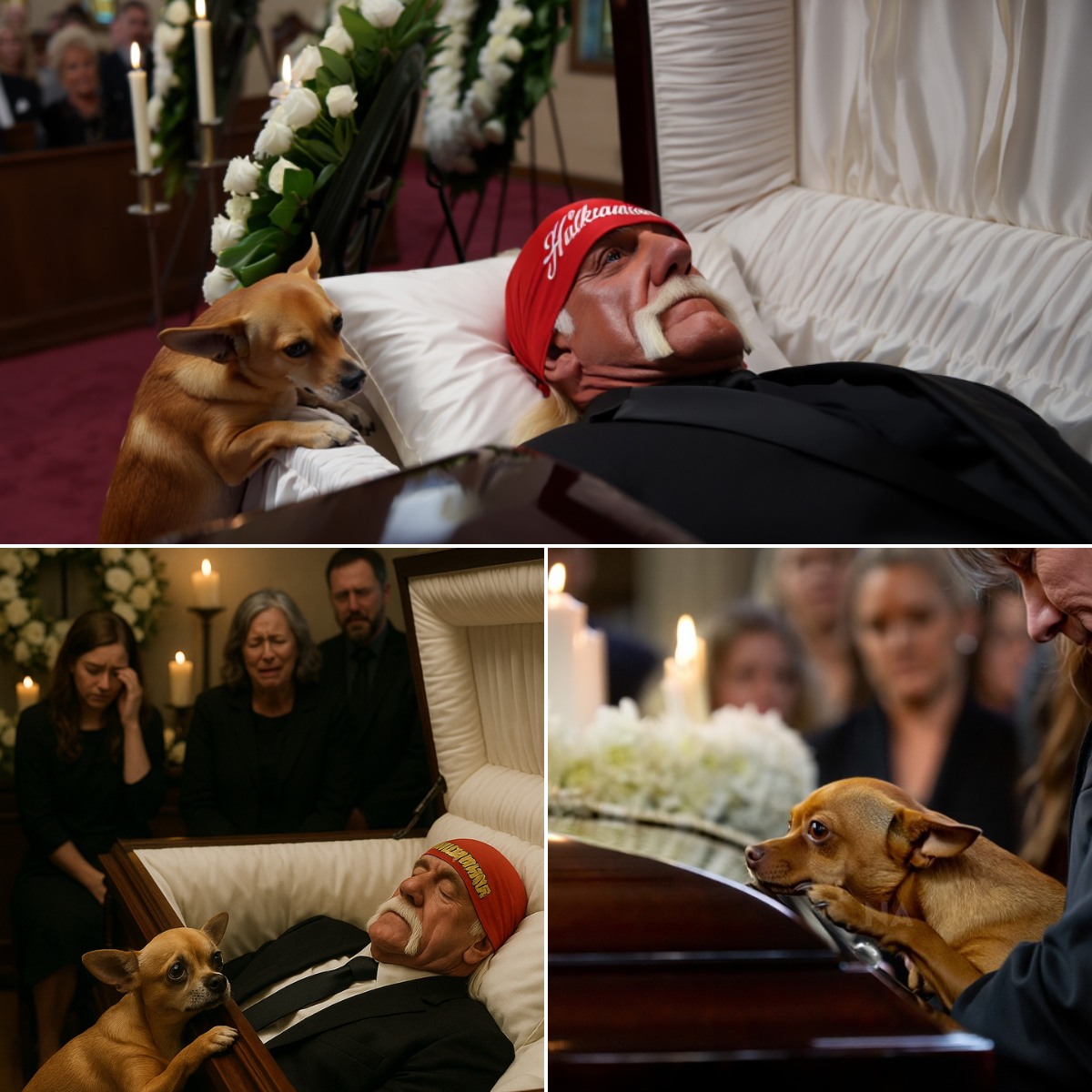 HEARTBREAKING NEWS: At the last tribute to WWE icon Hulk Hogan, surrounded by white wreaths and the soft shimmer of candlelight, his cherished Chihuahua — Duke — was carried by the family to rest quietly by the casket, his mournful eyes still seeking the resonant, familiar voice that once summoned him. The devoted companion who supported Hogan through years of loneliness had now transformed into a quiet emblem of unspoken loyalty, touching everyone present — including onlookers — to tears. And as the tiny dog tenderly laid his head against the casket, it seemed the whole world realized: a mighty champion had left… yet the love nestled in the hearts of even the tiniest beings would endure eternally. – BN