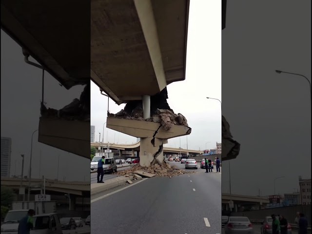 he bridge support collapsed after the earthquake, but it was just the outer concrete #crash #car