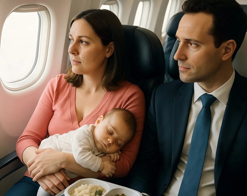 I flew with my two-month-old son, who cried constantly during the flight: my neighbor didn’t like it, and then he suddenly did this…